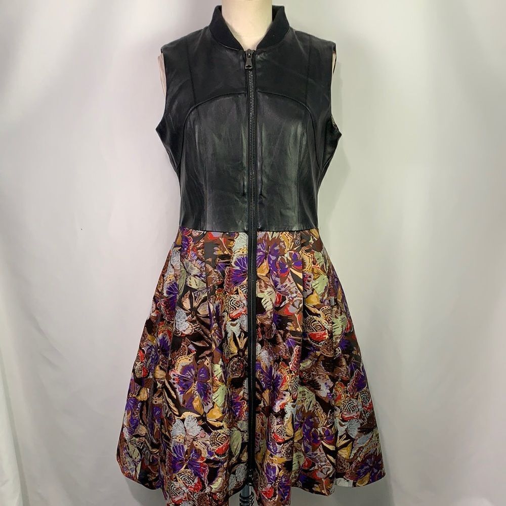 Miri black leather top/multi print dress